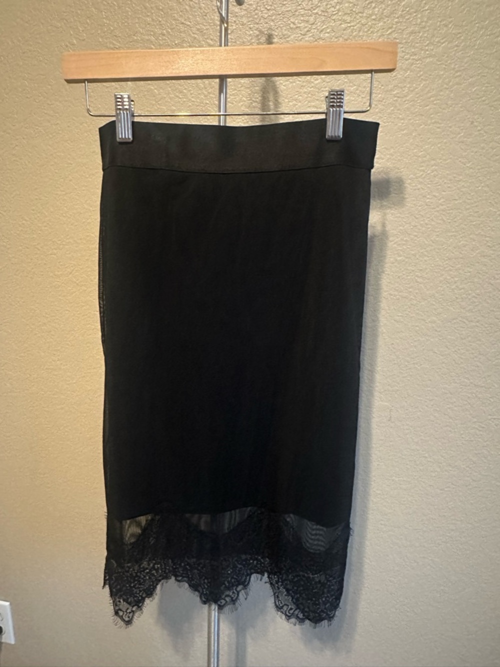 bebe Black Midi Pencil Skirt with Lace Hem